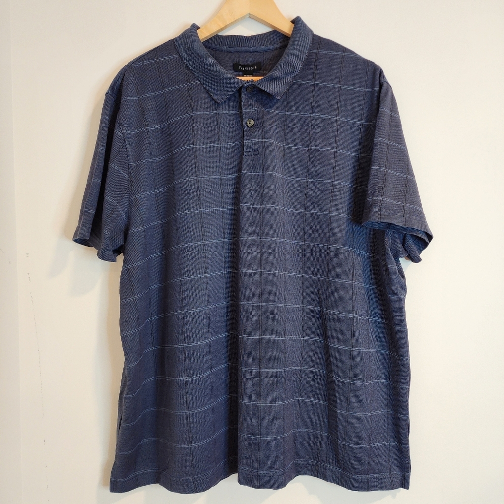 Van Heusen Mens XXL Blue Check Plaid Polo Short Sleeve Cotton Blend